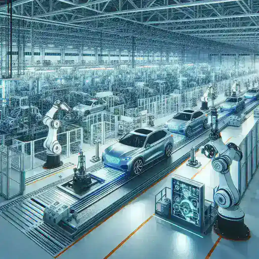 "Tesla technician analyzing AI-powered fleet diagnostics software on a computer monitor at U.S. Gigafactory, showcasing innovative technology in electric vehicle manufacturing."