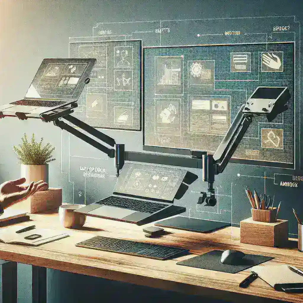 What benefits do monitor arms with built-in laptop docks provide?