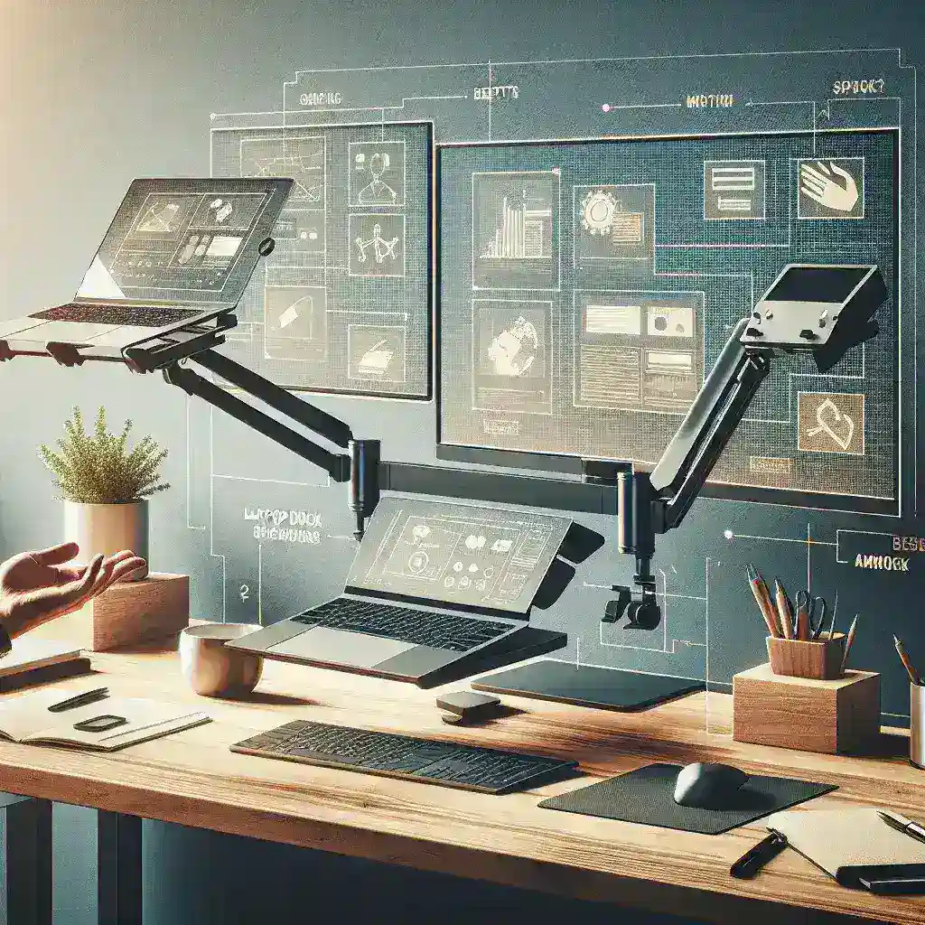 What benefits do monitor arms with built-in laptop docks provide?